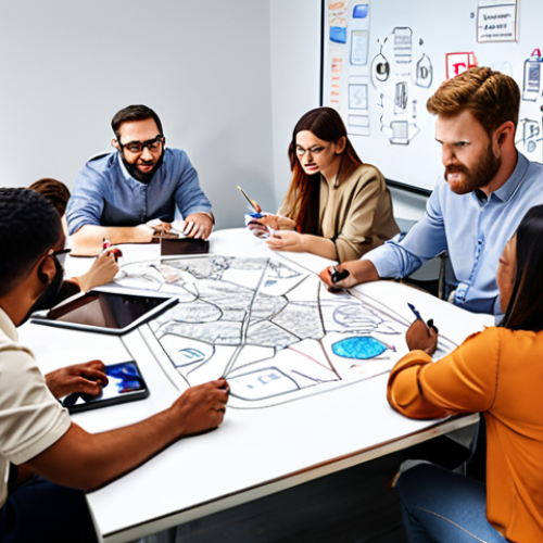 **Image Prompt:** A diverse team collaborating around a table, sketching service design ideas on a whiteboard, with digital devices scattered around. Focus on teamwork, innovation, and a modern office setting.