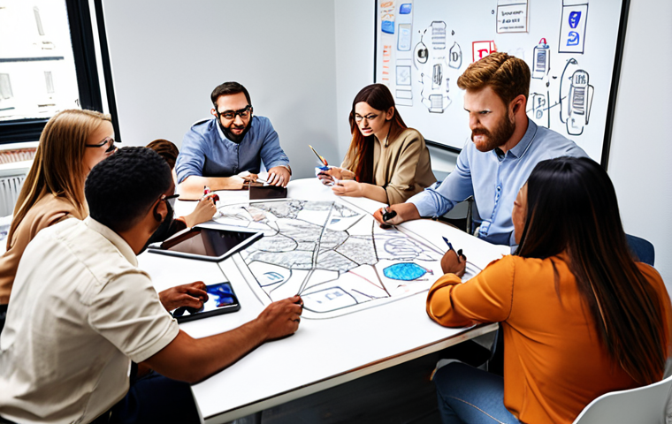 **Image Prompt:** A diverse team collaborating around a table, sketching service design ideas on a whiteboard, with digital devices scattered around. Focus on teamwork, innovation, and a modern office setting.