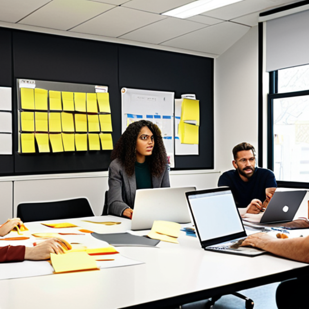 **A diverse group of professionals brainstorming ideas in a modern, collaborative workspace. Sticky notes, whiteboards, and laptops are visible, emphasizing teamwork and creative problem-solving.**