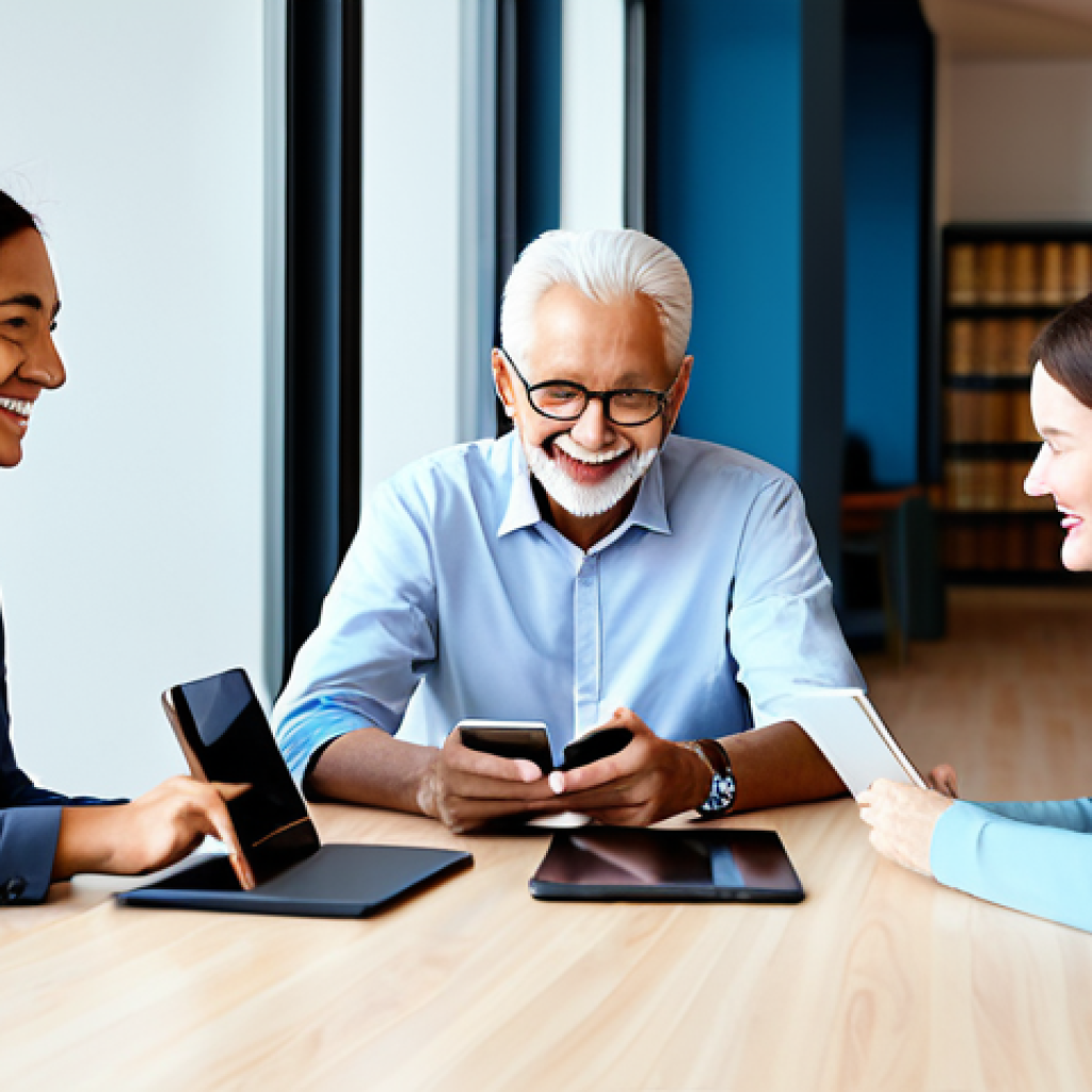 A diverse group of adults, including a professional woman in a modest business dress, a man in a smart casual shirt, and an elderly person, all fully clothed in appropriate attire. They are comfortably seated at a modern, clean table, each interacting with an intuitive, inclusive digital service on a tablet, showcasing seamless user experience and accessibility. The setting is a brightly lit, contemporary community center with natural light and minimalist decor. safe for work, appropriate content, fully clothed, professional, perfect anatomy, correct proportions, natural pose, well-formed hands, proper finger count, natural body proportions, high-quality photograph, realistic rendering.