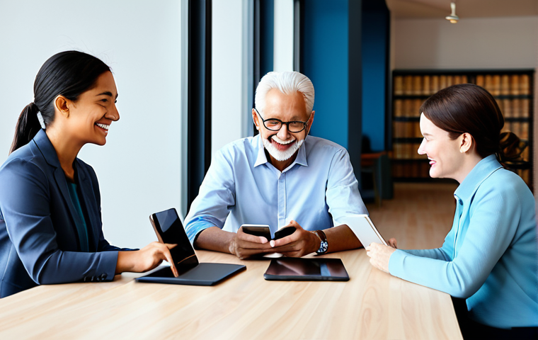 A diverse group of adults, including a professional woman in a modest business dress, a man in a smart casual shirt, and an elderly person, all fully clothed in appropriate attire. They are comfortably seated at a modern, clean table, each interacting with an intuitive, inclusive digital service on a tablet, showcasing seamless user experience and accessibility. The setting is a brightly lit, contemporary community center with natural light and minimalist decor. safe for work, appropriate content, fully clothed, professional, perfect anatomy, correct proportions, natural pose, well-formed hands, proper finger count, natural body proportions, high-quality photograph, realistic rendering.