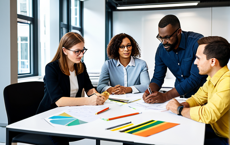 **

"A group of diverse professionals participating in a design thinking workshop in a modern office setting. They are brainstorming ideas and collaborating on prototypes. Everyone is fully clothed in appropriate business attire. The atmosphere is creative and collaborative. Safe for work, appropriate content, family-friendly, professional, perfect anatomy, natural proportions, well-formed hands."

**