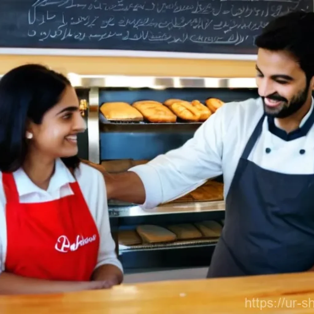 서비스 디자인 사고의 중요성과 혜택 - **Prompt:** A cozy, brightly lit local bakery, bustling with activity. The friendly female baker, we...