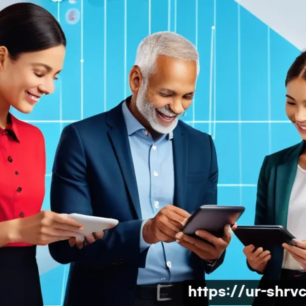 서비스 디자인 사고의 지속적 개선 방안 - **Prompt:** A diverse group of people, representing various ages and ethnicities, interact with diff...