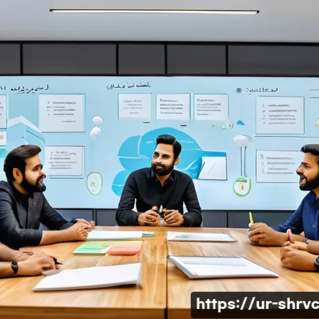 서비스 디자인 사고의 시각화 도구 활용하기 - A modern office meeting room in Karachi with a diverse Urdu-speaking team collaborating on a project...