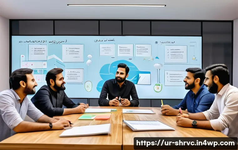 서비스 디자인 사고의 시각화 도구 활용하기 - A modern office meeting room in Karachi with a diverse Urdu-speaking team collaborating on a project...