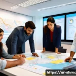 서비스 디자인 사고의 고객 중심 접근법 - A professional, modern office setting where a diverse team of UX designers and business analysts col...