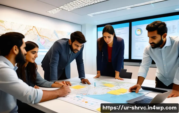 서비스 디자인 사고의 고객 중심 접근법 - A professional, modern office setting where a diverse team of UX designers and business analysts col...